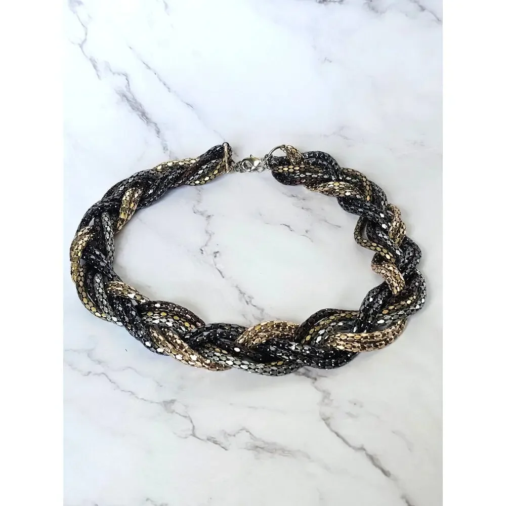 Vtg Herringbone Collar Necklace Tri Color Braided Metal 1980s